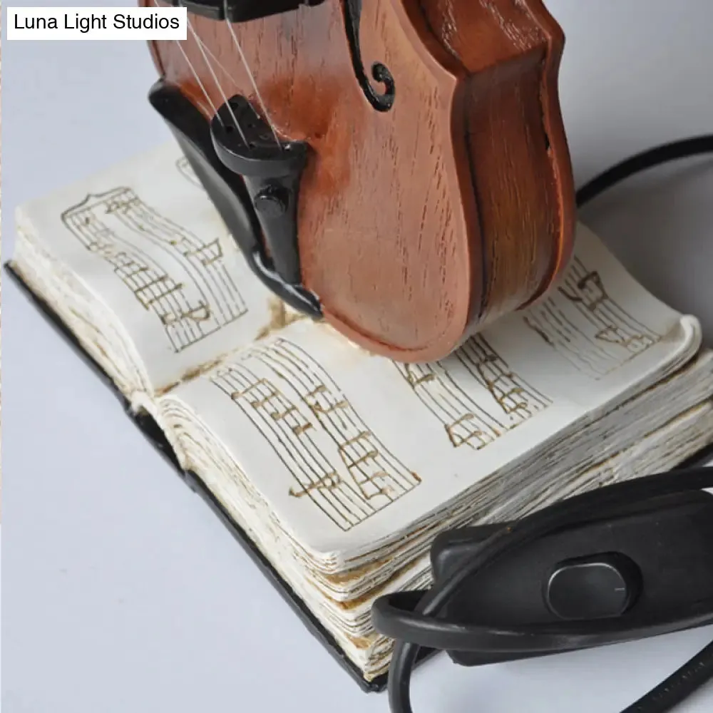 Kids Beige Reading Light: Living Room Flared Shade Desk Lamp with Violin Base Resin - 1 Head