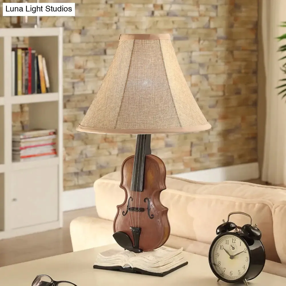 Kids Beige Reading Light: Living Room Flared Shade Desk Lamp with Violin Base Resin - 1 Head