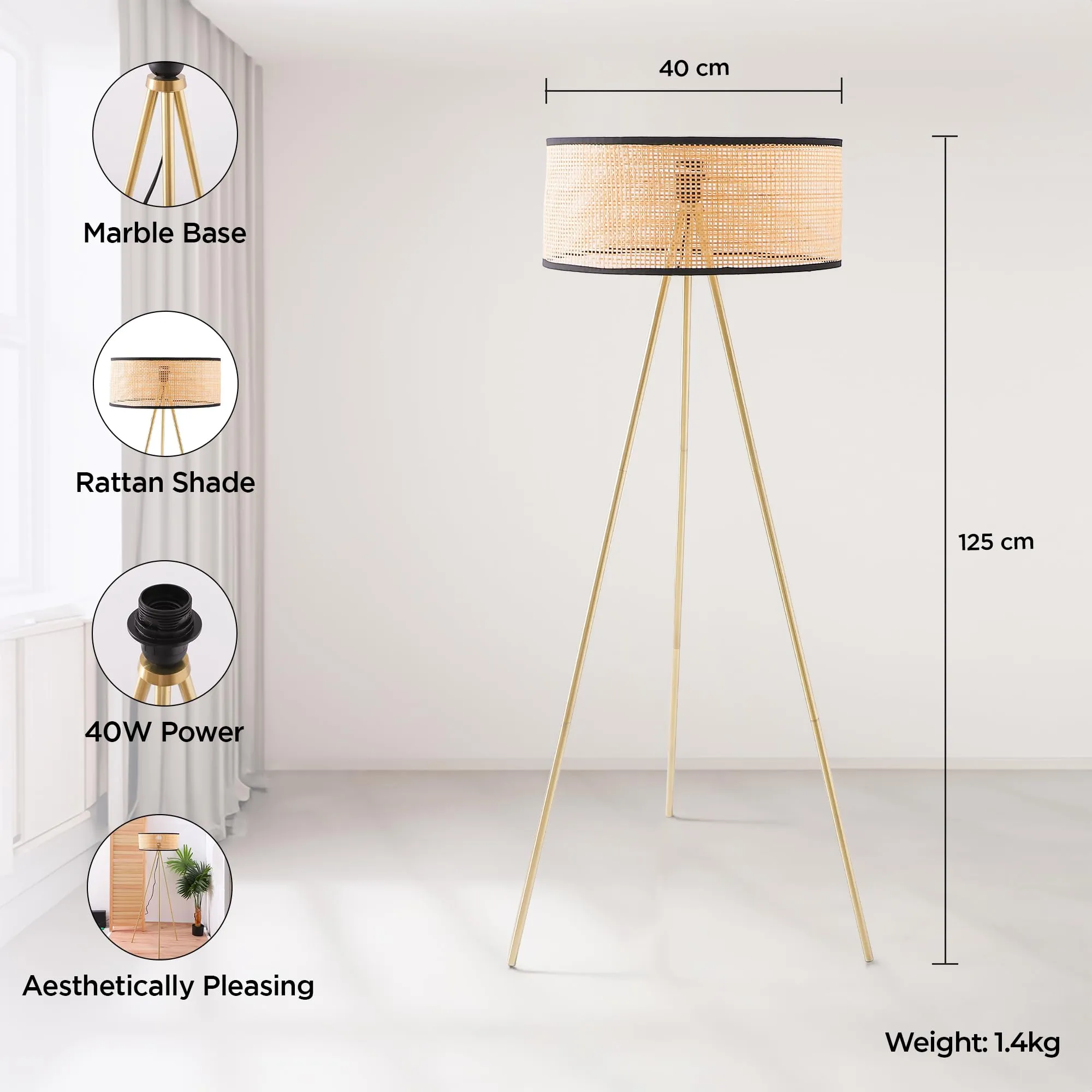 Kuber Industries Aesthetic & Modern Bedroom Lamp for Side Table | Office & Desk Table Lamp for Living Room and Home Decor with Rattan Frame & Iron Stand Base | Black & Beige-19-XF0003-7L