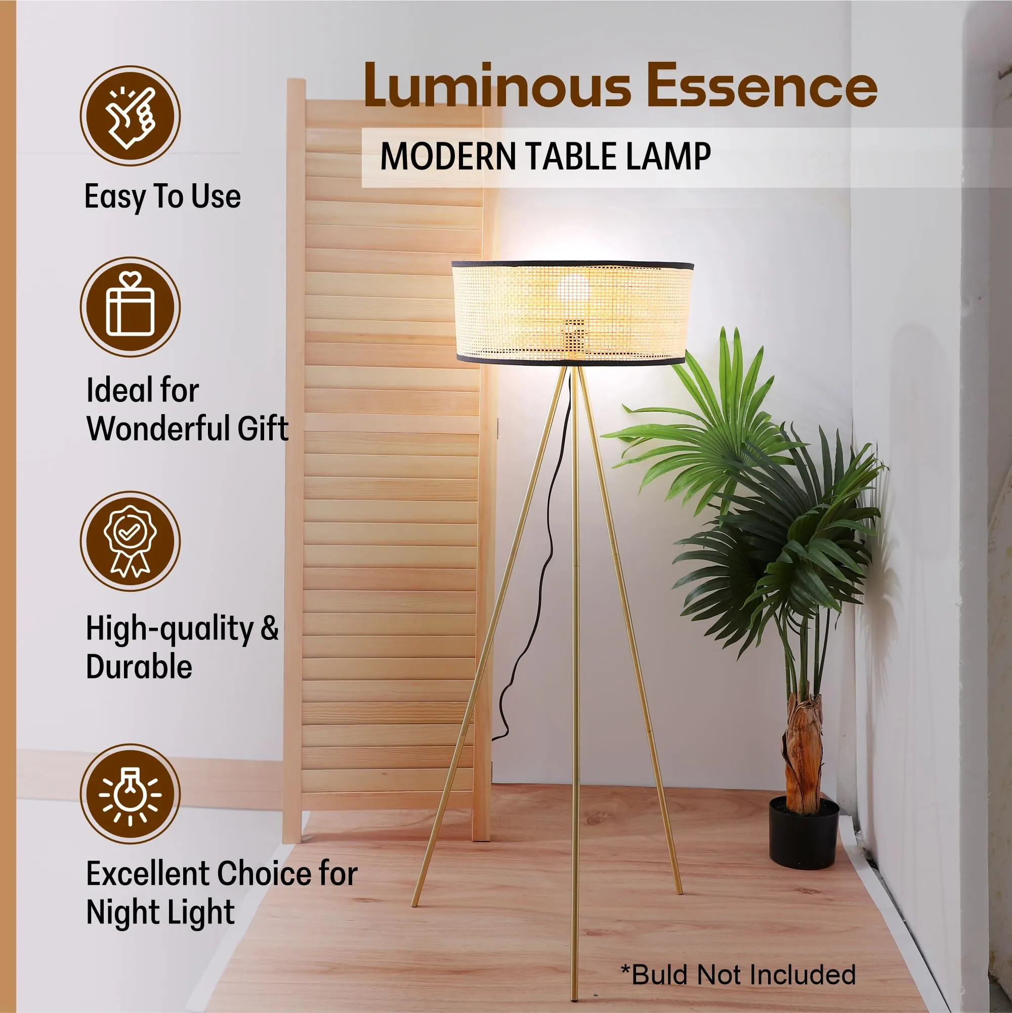 Kuber Industries Aesthetic & Modern Bedroom Lamp for Side Table | Office & Desk Table Lamp for Living Room and Home Decor with Rattan Frame & Iron Stand Base | Black & Beige-19-XF0003-7L