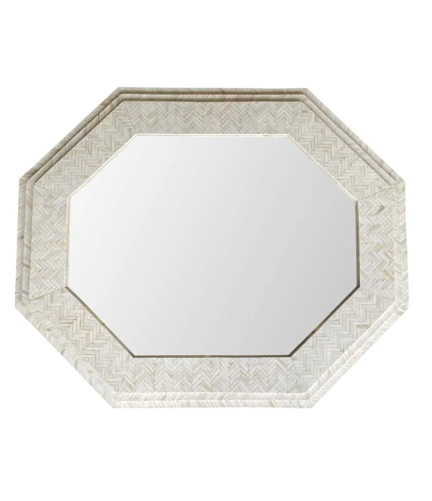 Large handmade inlaid bone octagonal mirror in the style of Enrique Garcel