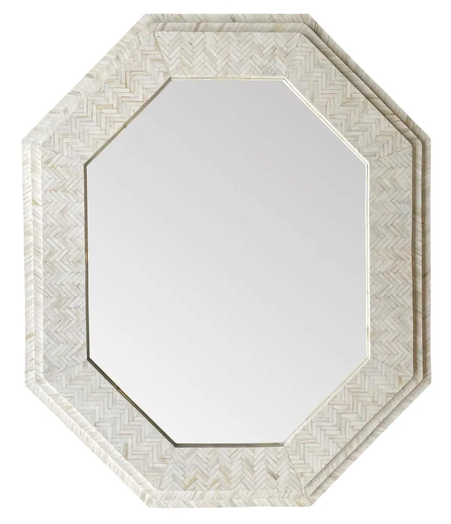 Large handmade inlaid bone octagonal mirror in the style of Enrique Garcel