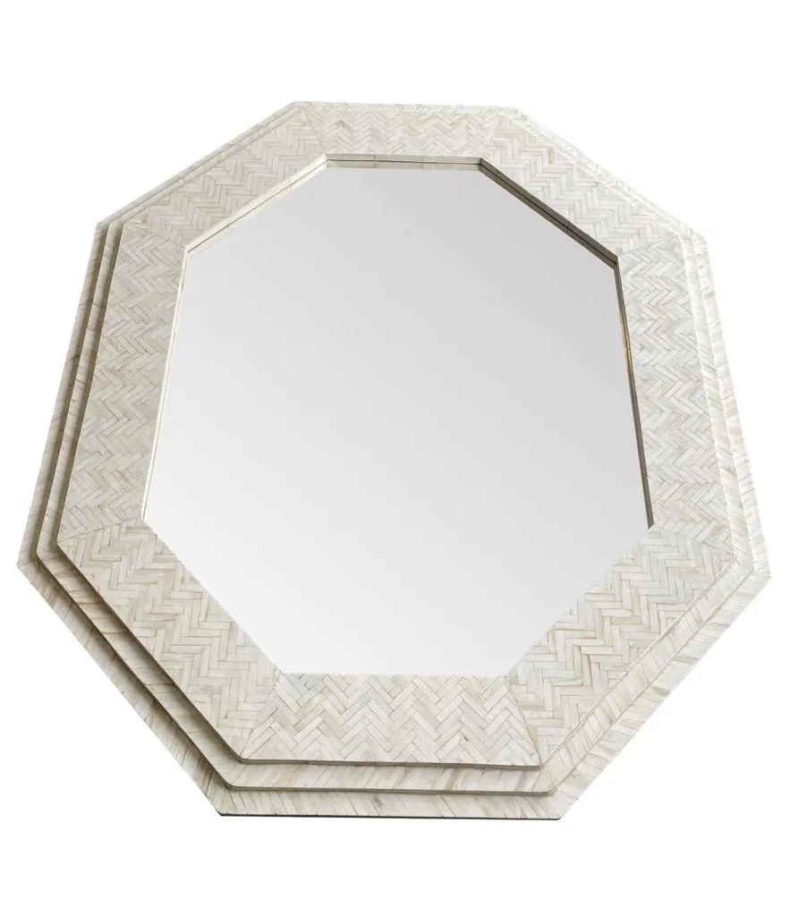 Large handmade inlaid bone octagonal mirror in the style of Enrique Garcel