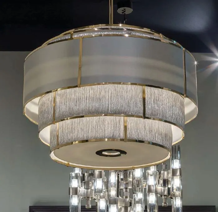 Large Modern Light Round Gold Chandelier With Grey Shades