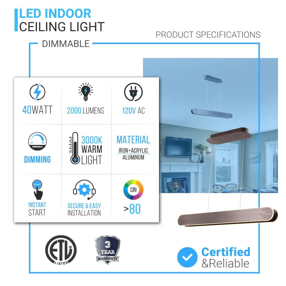LED Pendant Light Fixture, Dimmable, 3000K (Warm White), Brushed Brown (P2171-900)