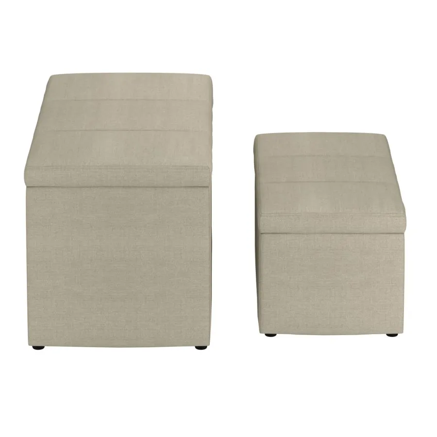 Levi 2pc Rectangular Storage Ottoman Bench Set in Beige Fabric