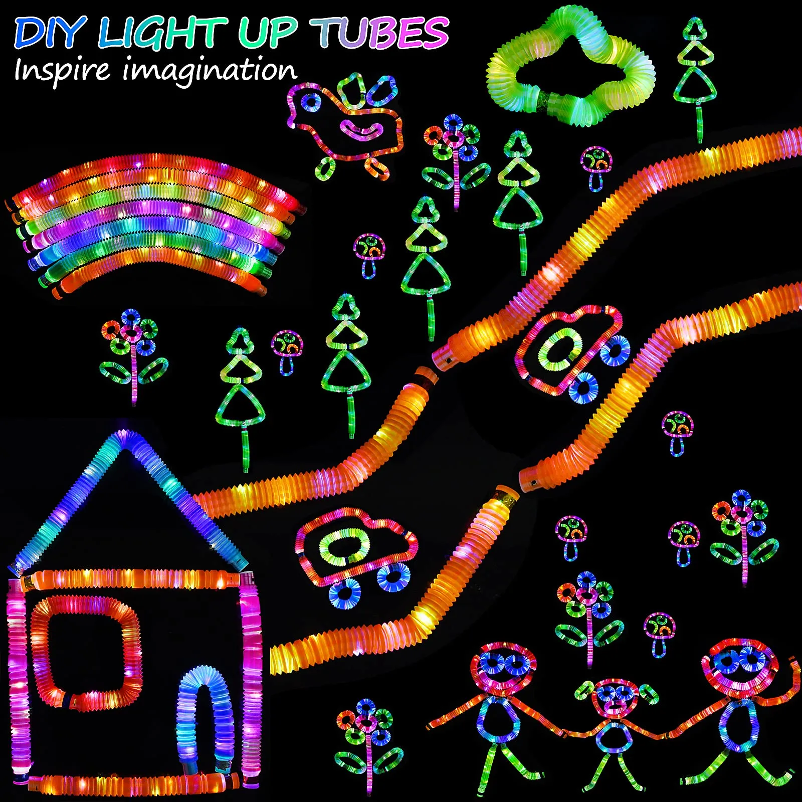 Light up Pop Tubes, 6 Colors LED Toy Fidget Glow Tube,Glow in The Dark Party Favor Glow Tubes
