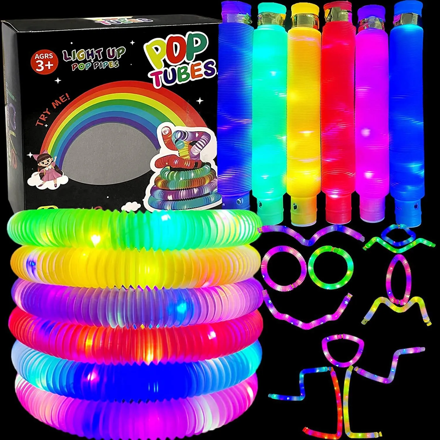 Light up Pop Tubes, 6 Colors LED Toy Fidget Glow Tube,Glow in The Dark Party Favor Glow Tubes