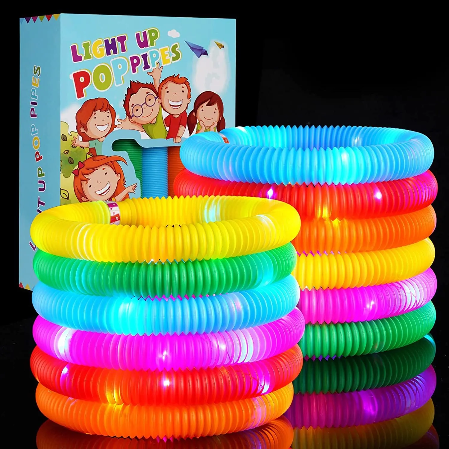 Light up Pop Tubes, 6 Colors LED Toy Fidget Glow Tube,Glow in The Dark Party Favor Glow Tubes