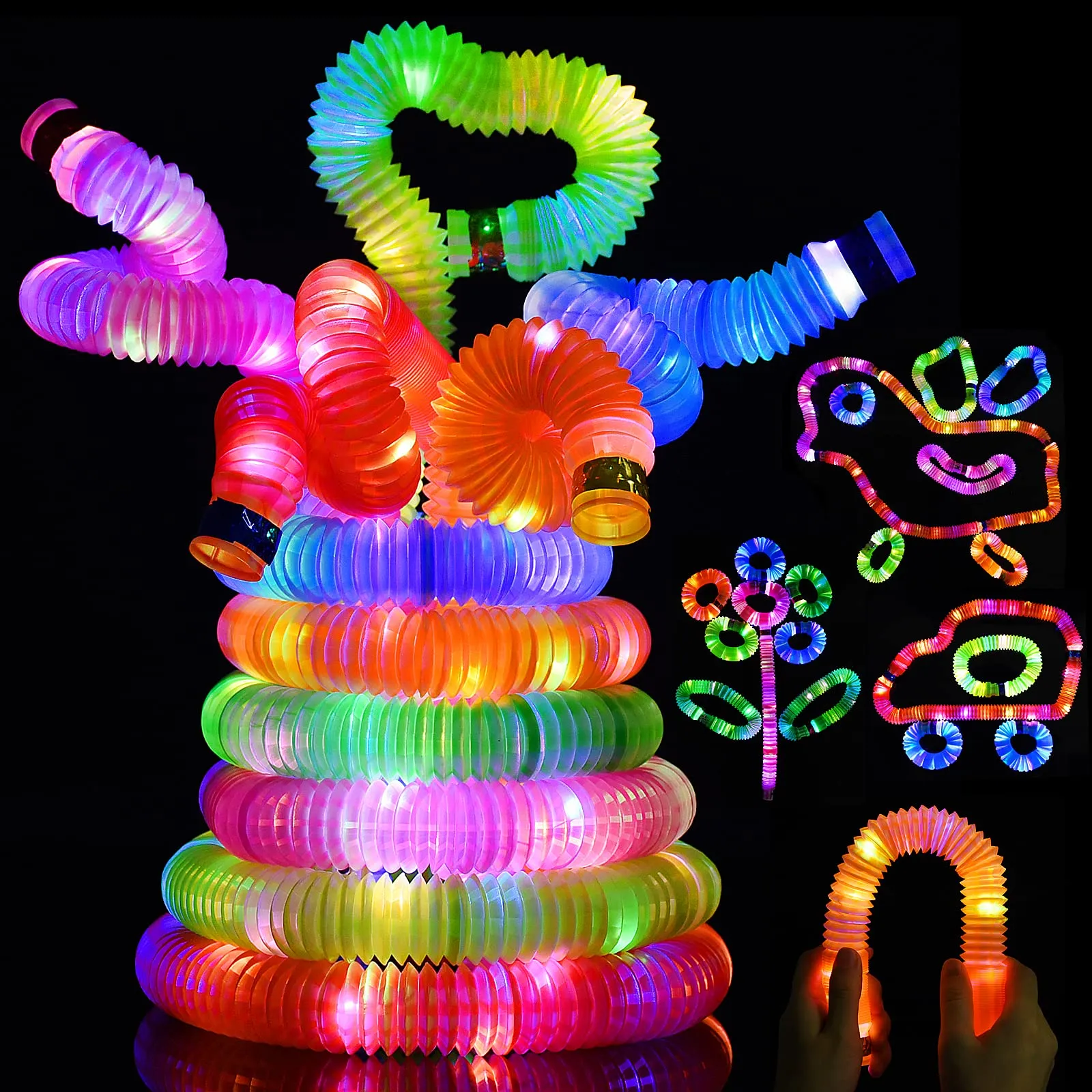 Light up Pop Tubes, 6 Colors LED Toy Fidget Glow Tube,Glow in The Dark Party Favor Glow Tubes