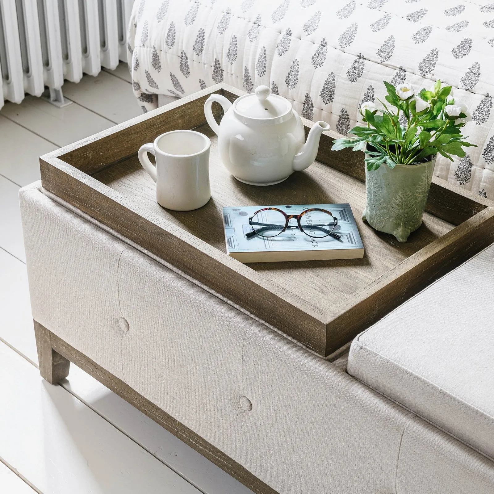 Linen oak storage ottoman With Oak Tray Top