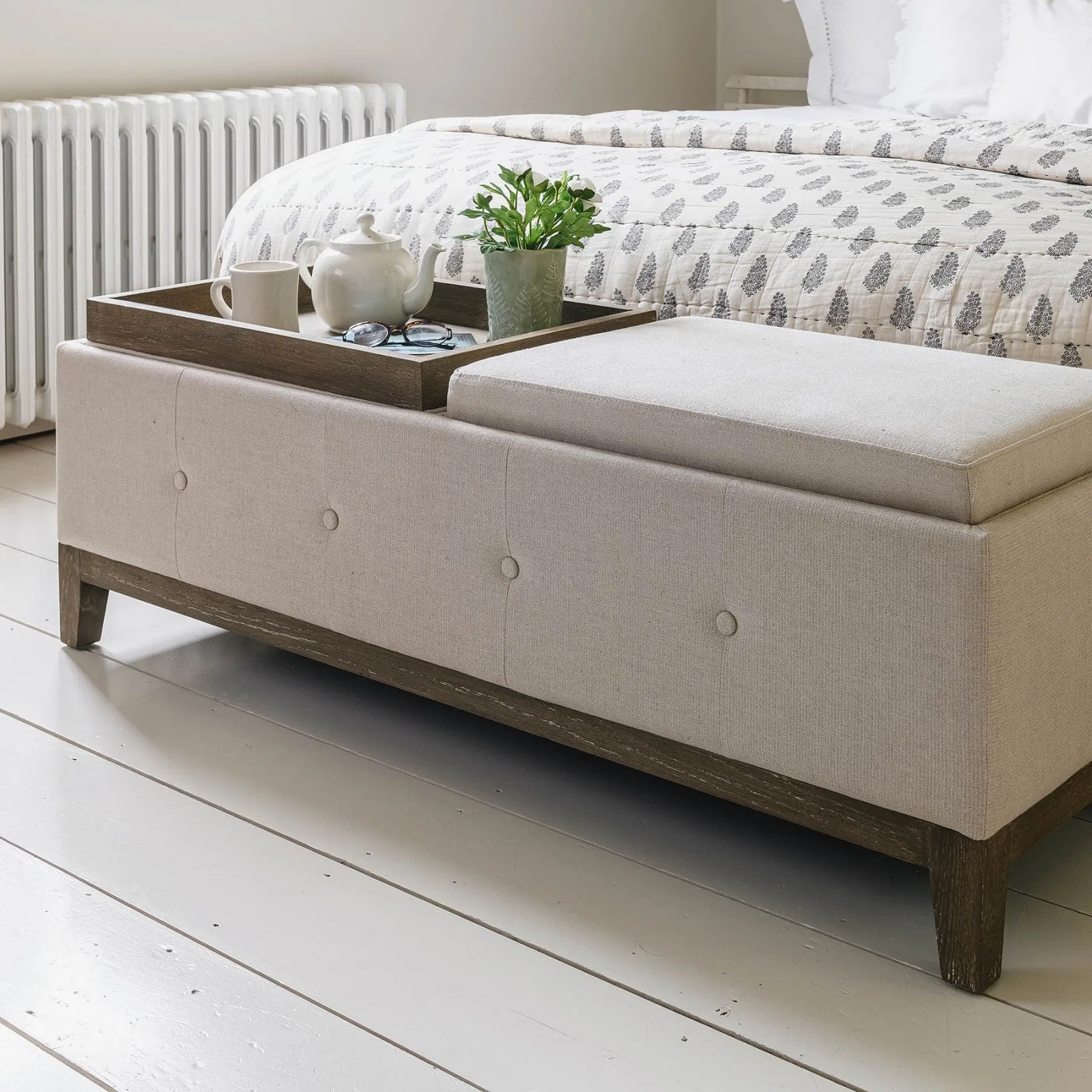 Linen oak storage ottoman With Oak Tray Top