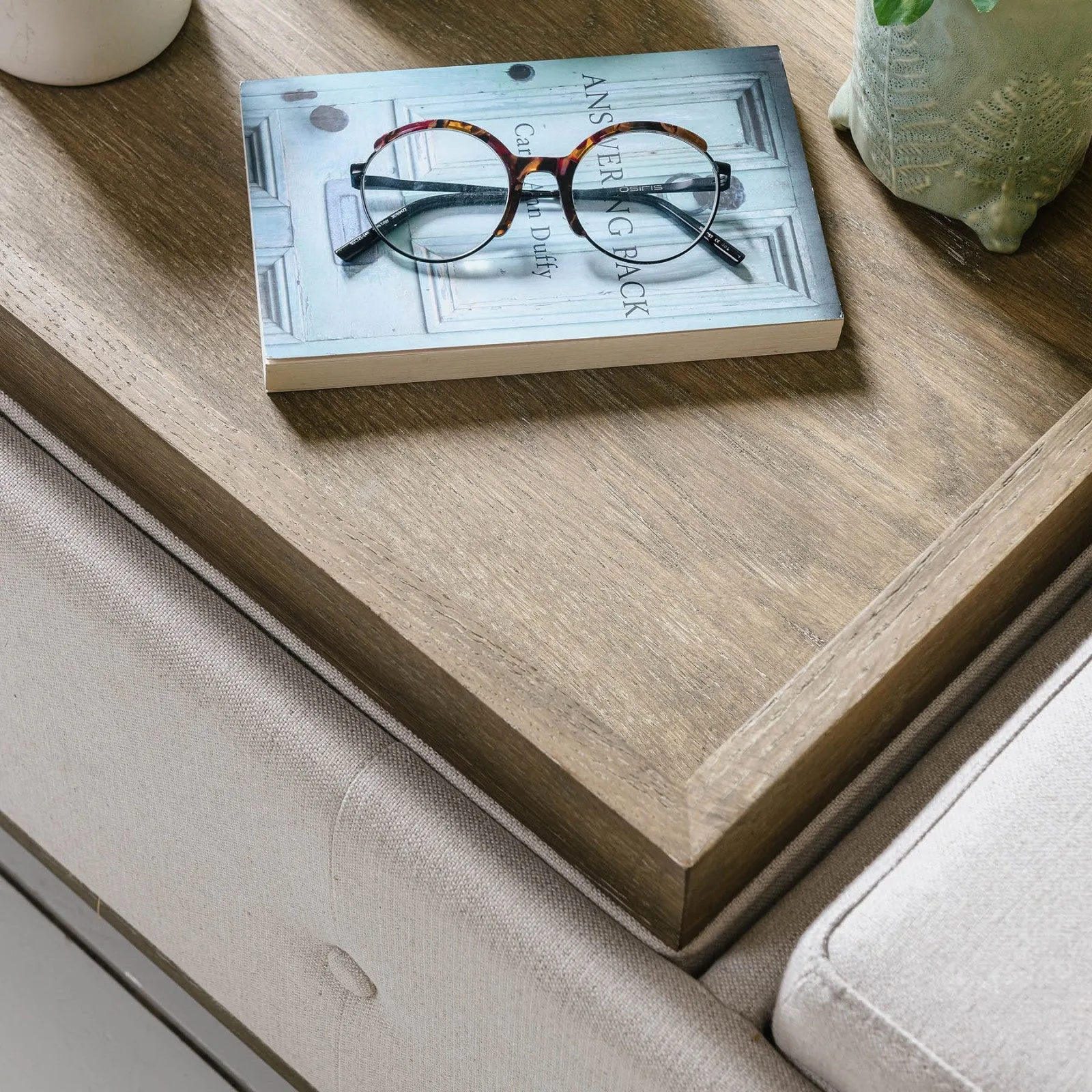 Linen oak storage ottoman With Oak Tray Top
