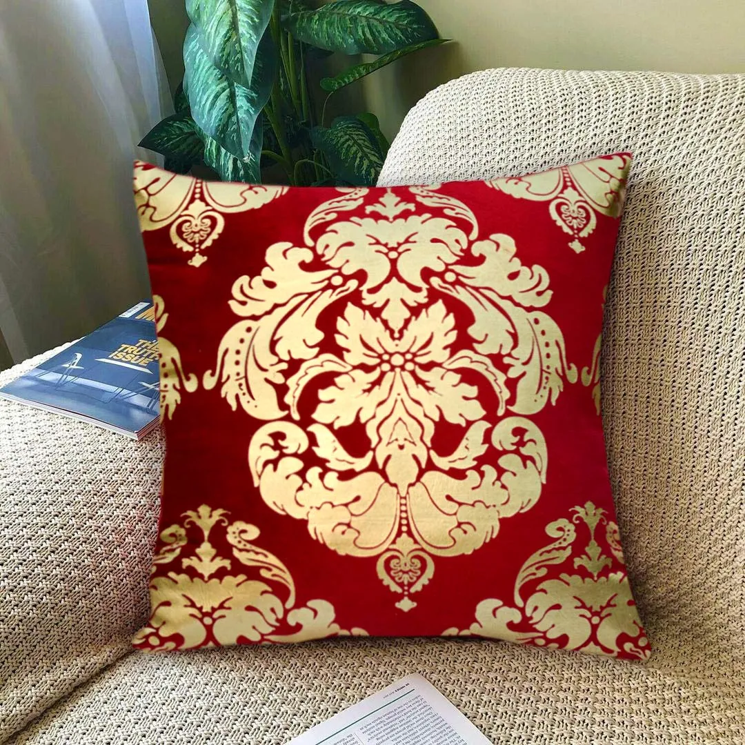 Luxury Foil Print Red and Golden Velvet Cushion 16 x 16 inches 1040014