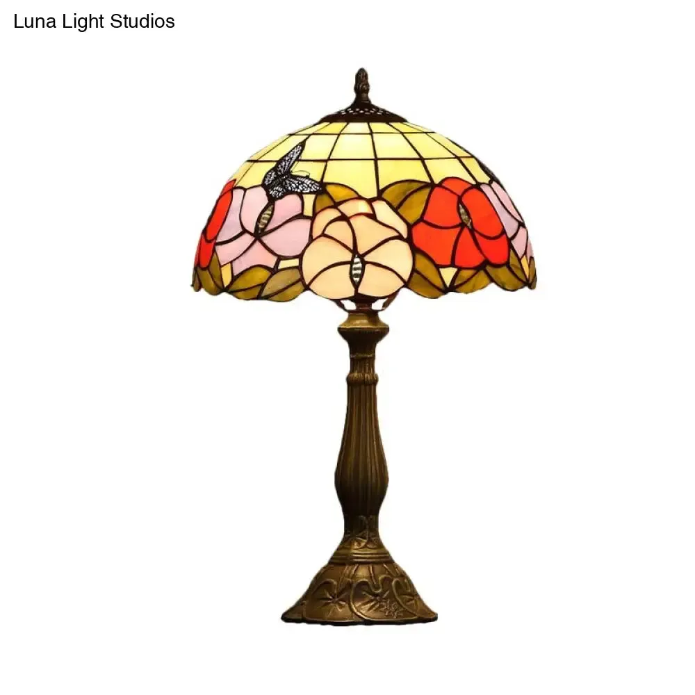 Marina - Tiffany 1 Bulb Grid-Bowl Table Light Tiffany Bronze Stained Glass Night Lamp with Butterfly and Flower Pattern