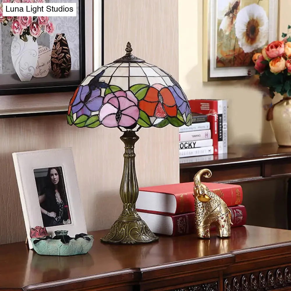 Marina - Tiffany 1 Bulb Grid-Bowl Table Light Tiffany Bronze Stained Glass Night Lamp with Butterfly and Flower Pattern