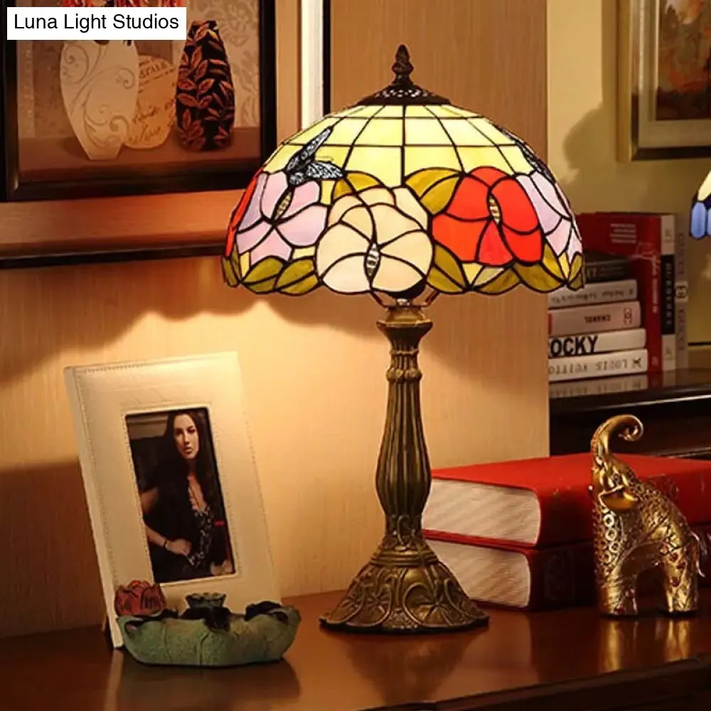 Marina - Tiffany 1 Bulb Grid-Bowl Table Light Tiffany Bronze Stained Glass Night Lamp with Butterfly and Flower Pattern