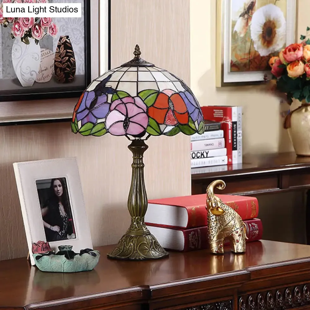 Marina - Tiffany 1 Bulb Grid-Bowl Table Light Tiffany Bronze Stained Glass Night Lamp with Butterfly and Flower Pattern