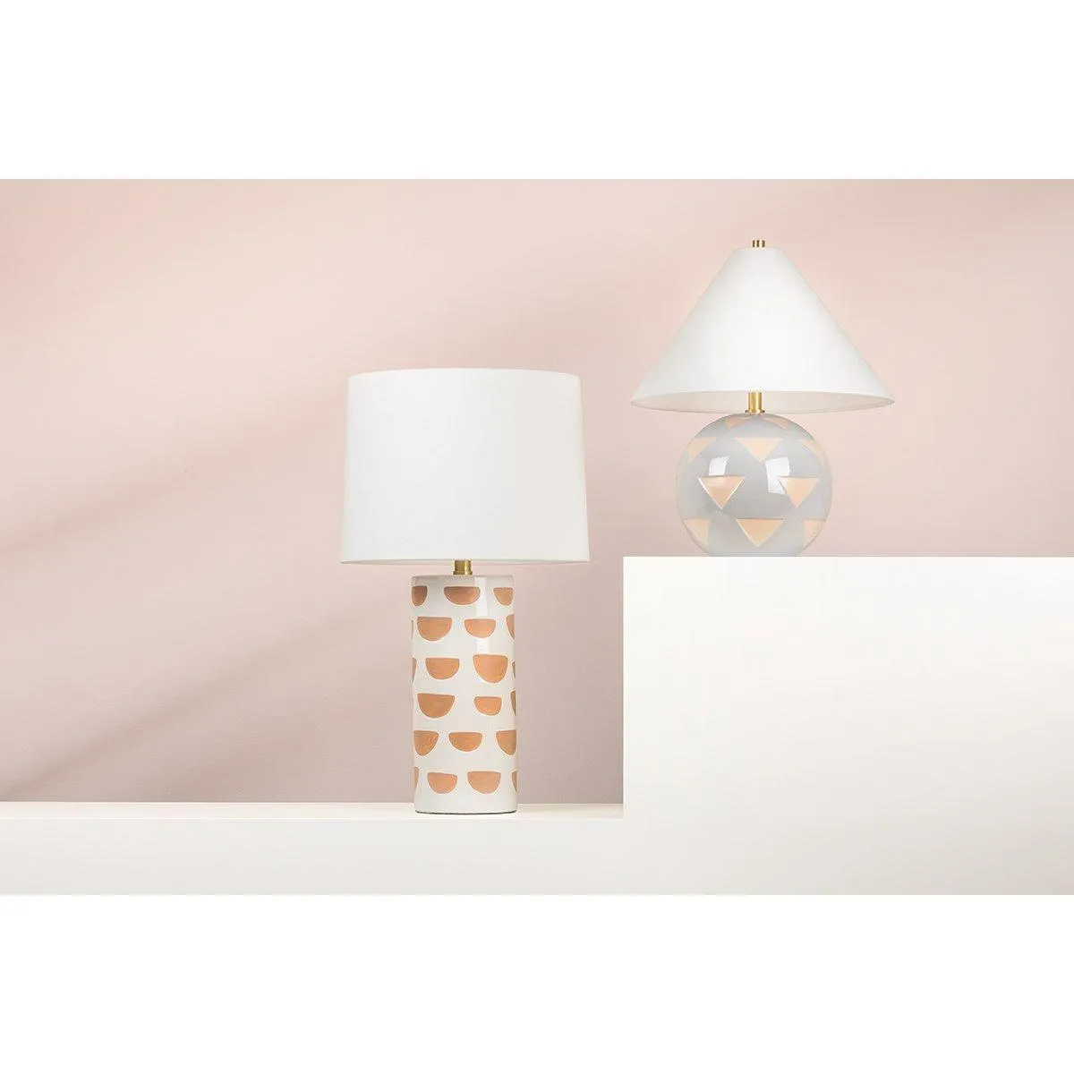 Minnie Round Table Lamp Ceramic Blue Geometric Pattern with Aged Brass Accents