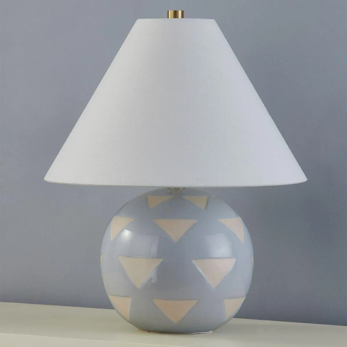 Minnie Round Table Lamp Ceramic Blue Geometric Pattern with Aged Brass Accents