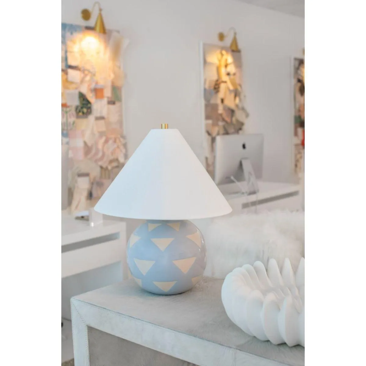 Minnie Round Table Lamp Ceramic Blue Geometric Pattern with Aged Brass Accents