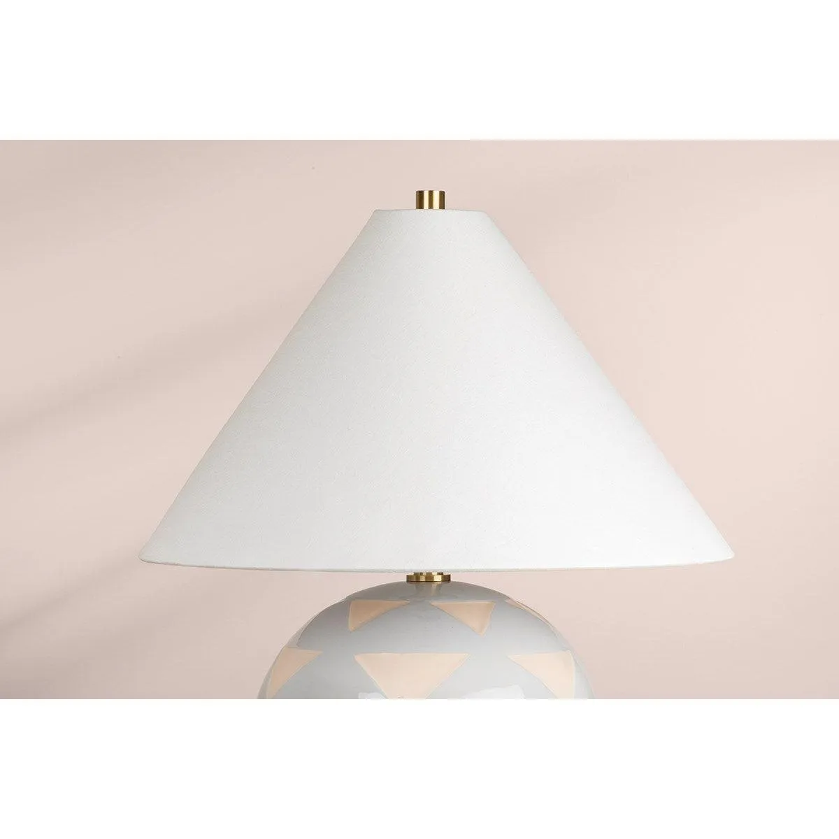 Minnie Round Table Lamp Ceramic Blue Geometric Pattern with Aged Brass Accents