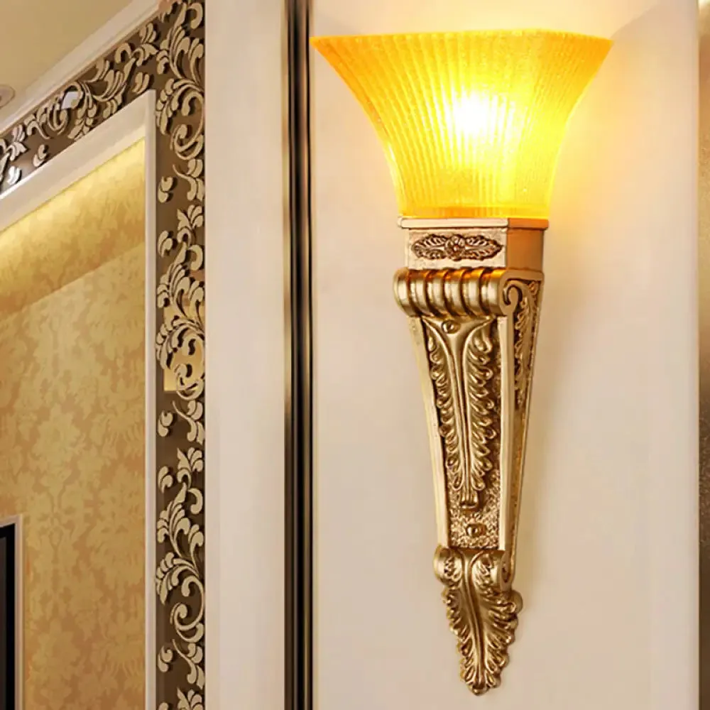 Modern Bell Wall Lighting - Yellow Glass and Resin Lamp in Gold/White for Foyer, 14"/19" W
