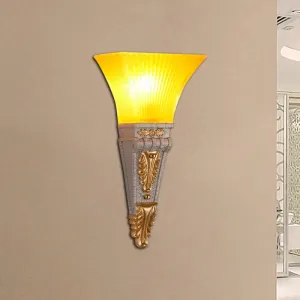 Modern Bell Wall Lighting - Yellow Glass and Resin Lamp in Gold/White for Foyer, 14"/19" W