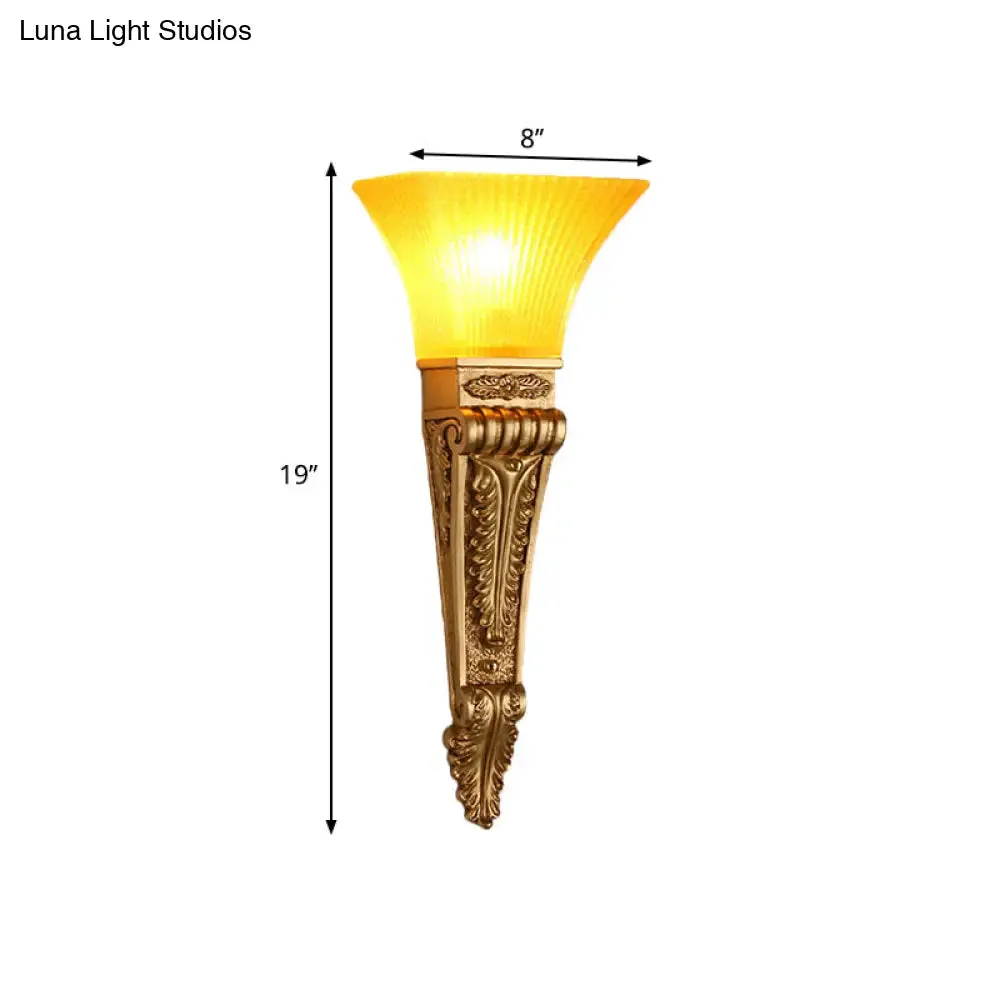 Modern Bell Wall Lighting - Yellow Glass and Resin Lamp in Gold/White for Foyer, 14"/19" W