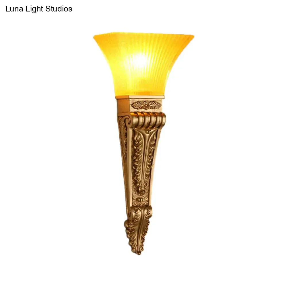 Modern Bell Wall Lighting - Yellow Glass and Resin Lamp in Gold/White for Foyer, 14"/19" W