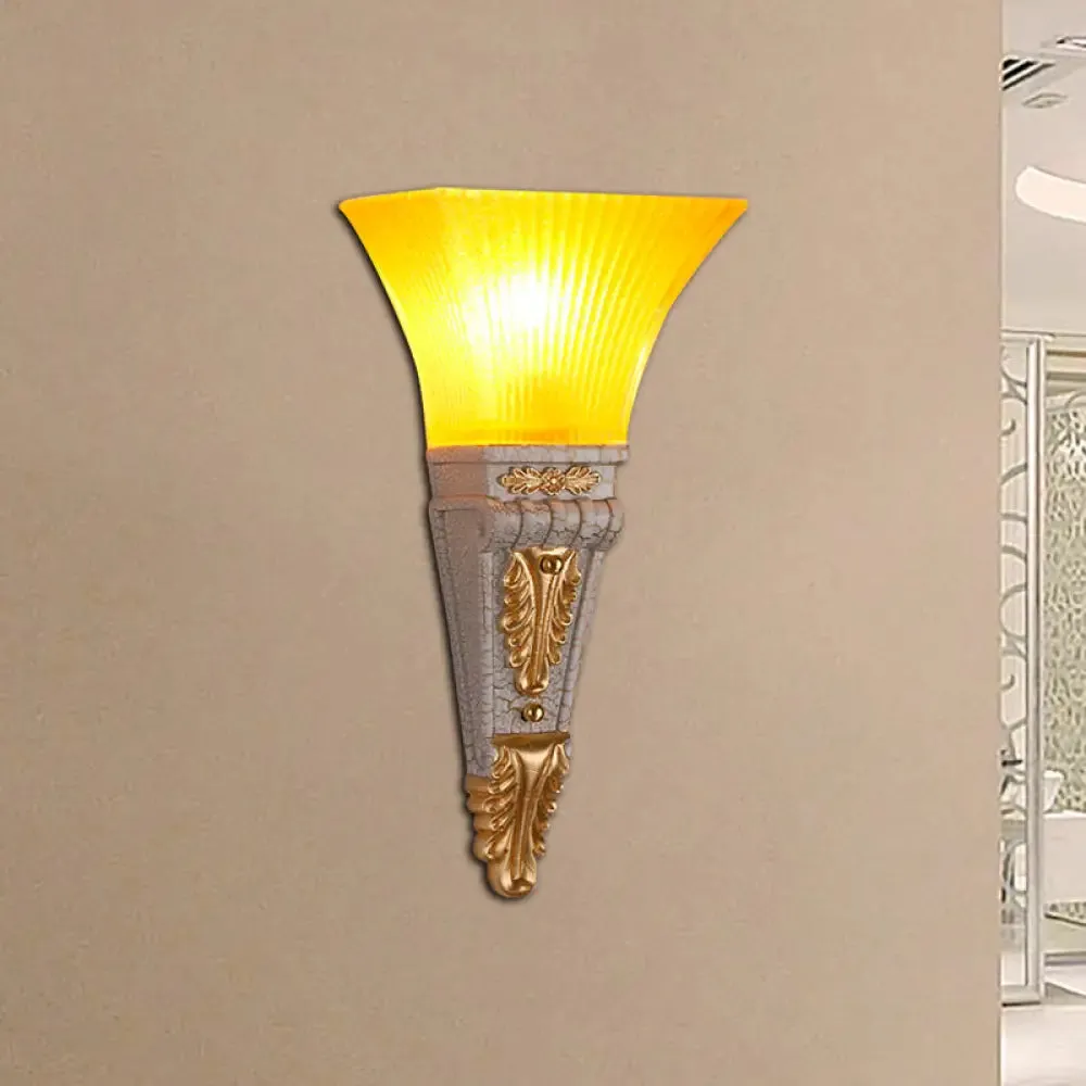 Modern Bell Wall Lighting - Yellow Glass and Resin Lamp in Gold/White for Foyer, 14"/19" W
