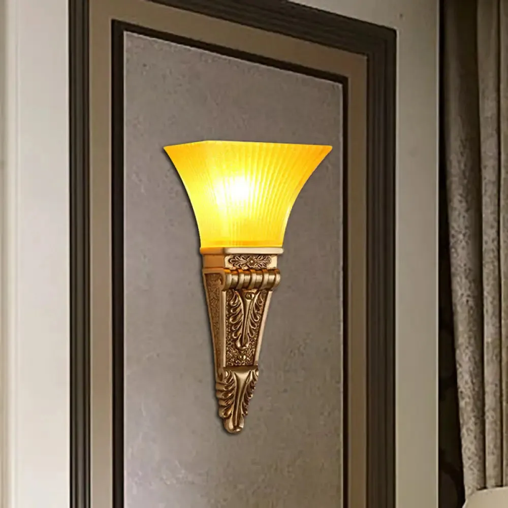 Modern Bell Wall Lighting - Yellow Glass and Resin Lamp in Gold/White for Foyer, 14"/19" W