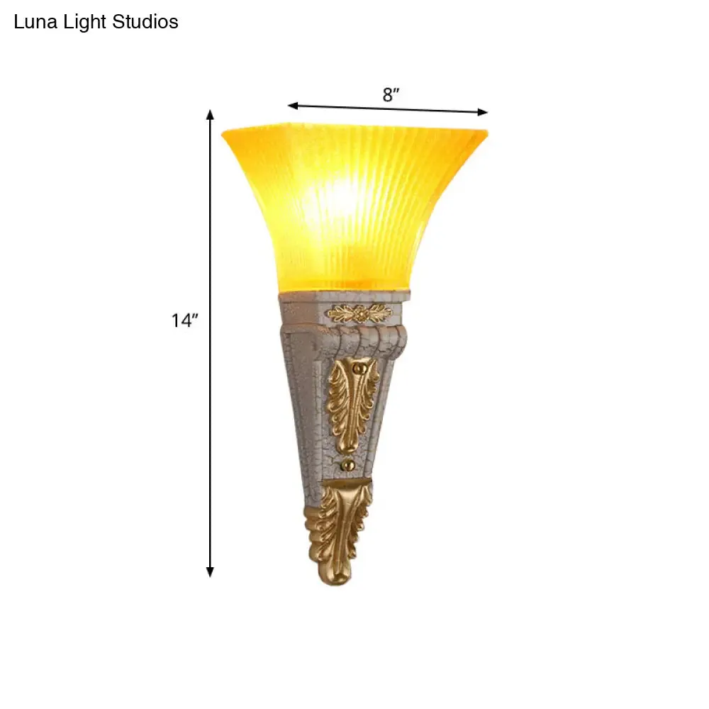 Modern Bell Wall Lighting - Yellow Glass and Resin Lamp in Gold/White for Foyer, 14"/19" W