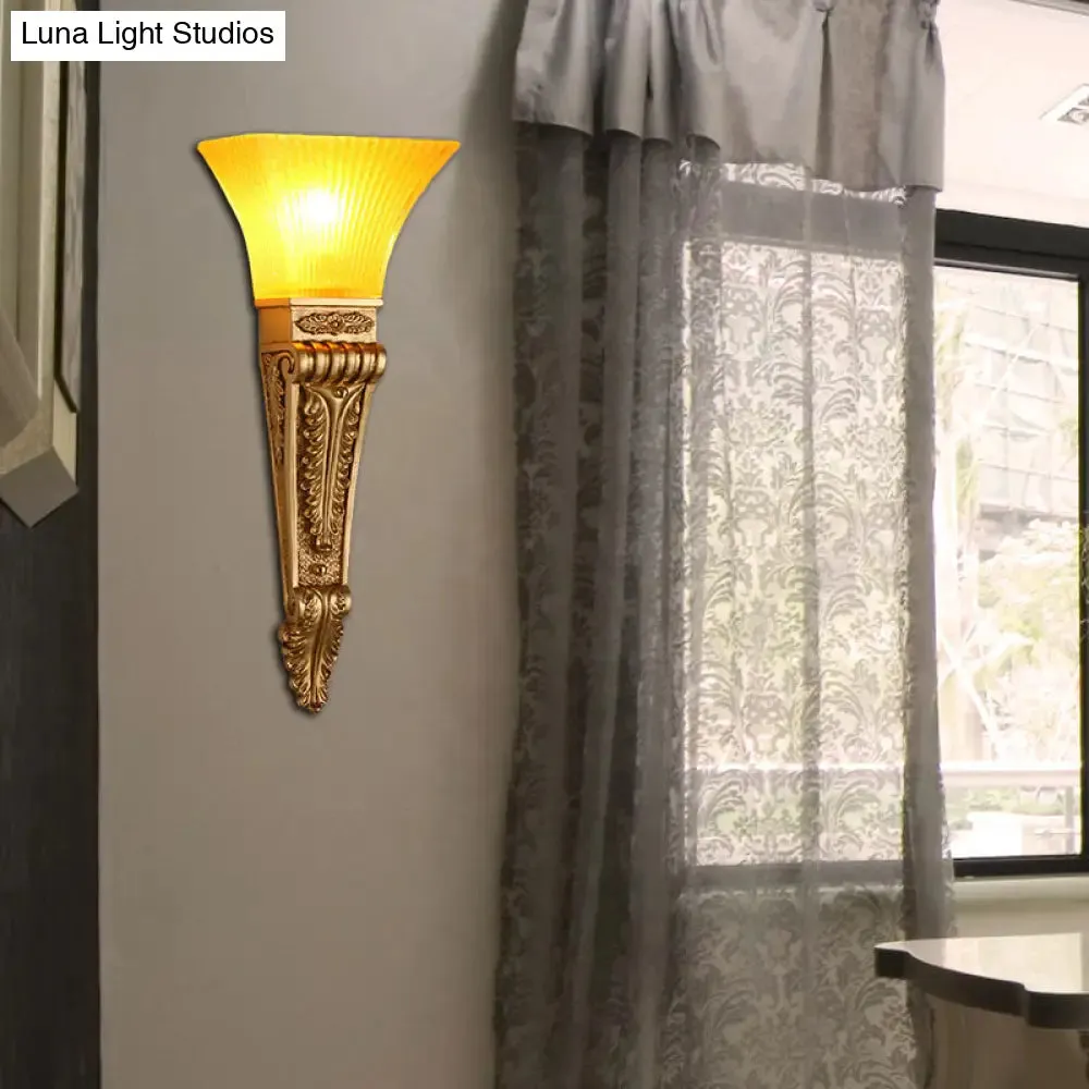 Modern Bell Wall Lighting - Yellow Glass and Resin Lamp in Gold/White for Foyer, 14"/19" W
