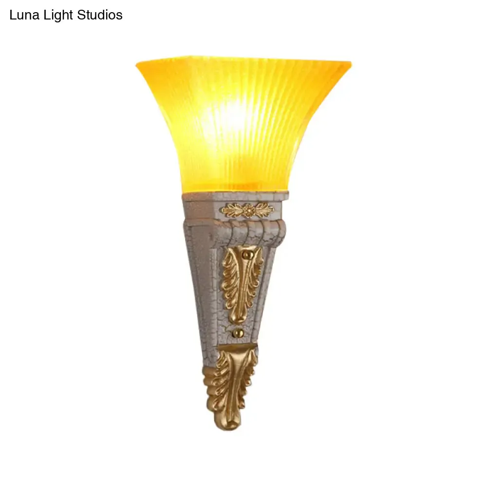 Modern Bell Wall Lighting - Yellow Glass and Resin Lamp in Gold/White for Foyer, 14"/19" W