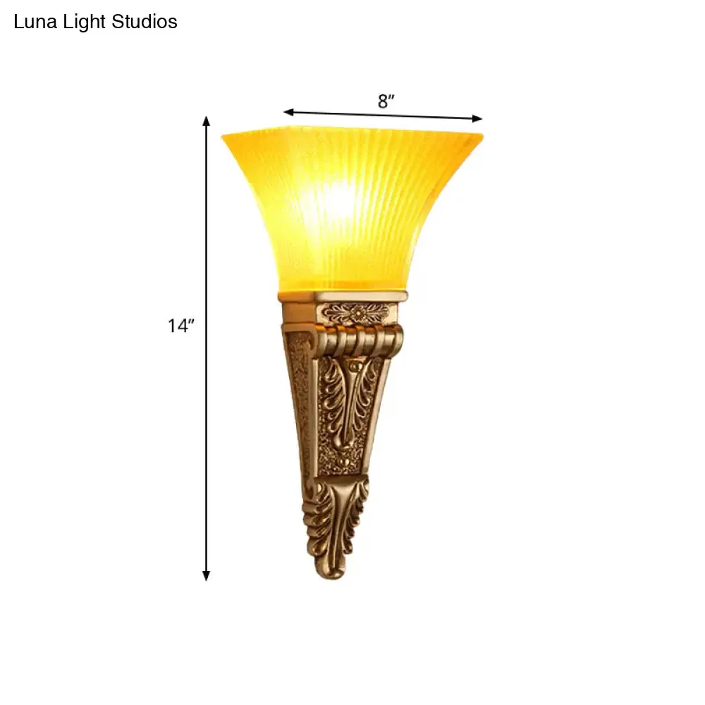 Modern Bell Wall Lighting - Yellow Glass and Resin Lamp in Gold/White for Foyer, 14"/19" W