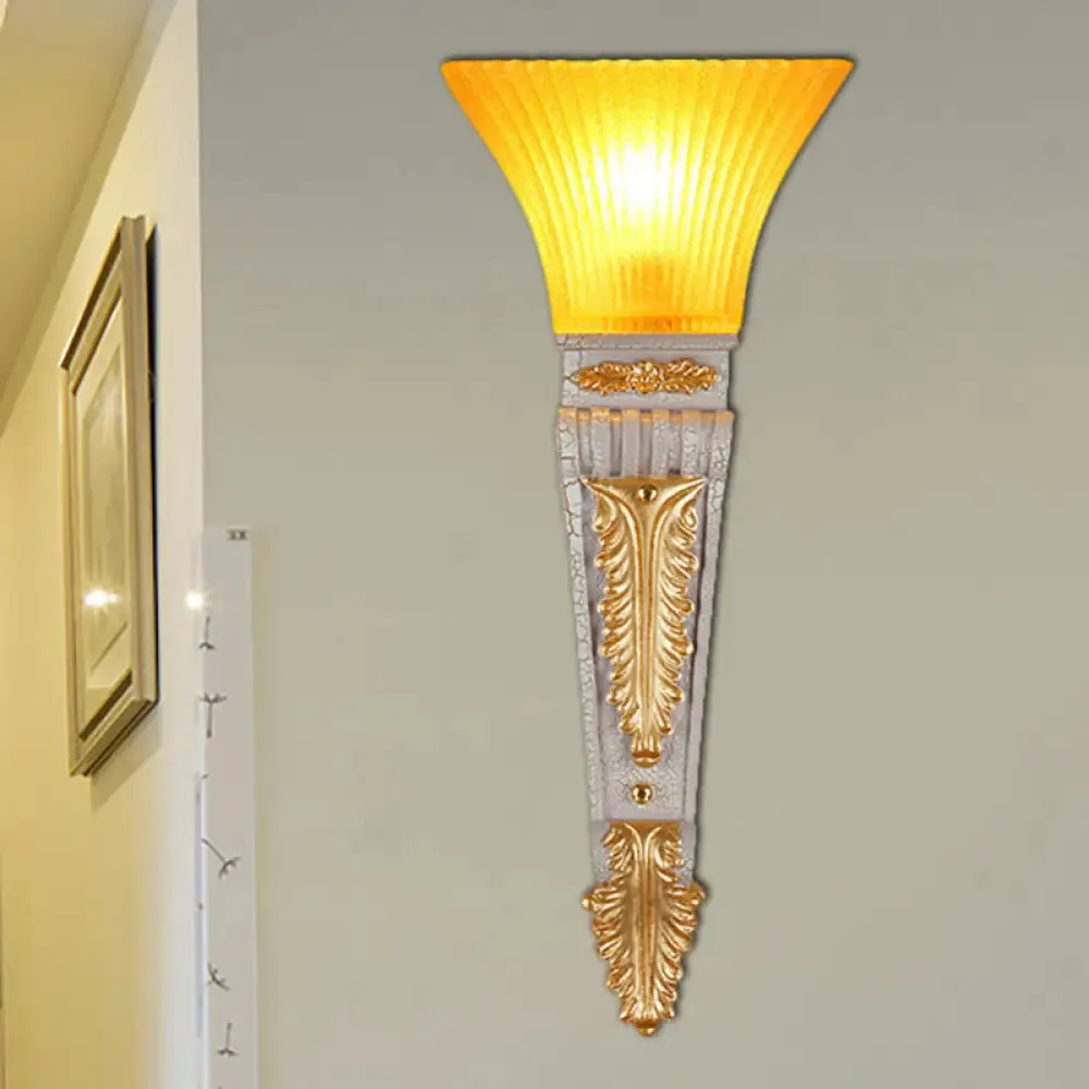 Modern Bell Wall Lighting - Yellow Glass and Resin Lamp in Gold/White for Foyer, 14"/19" W