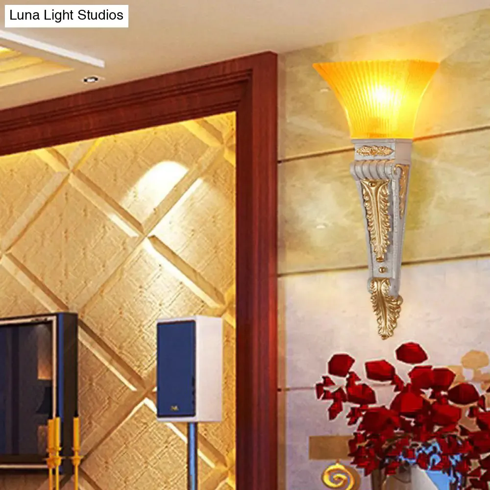 Modern Bell Wall Lighting - Yellow Glass and Resin Lamp in Gold/White for Foyer, 14"/19" W