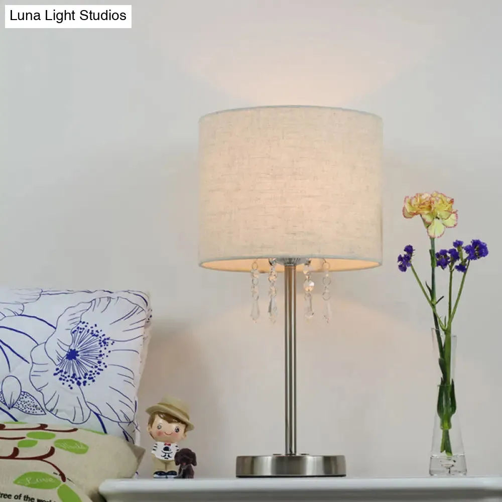Modern Chrome Desk Light with Crystal Teardrop - Fabric Drum, 1 Bulb - Nightstand Lamp