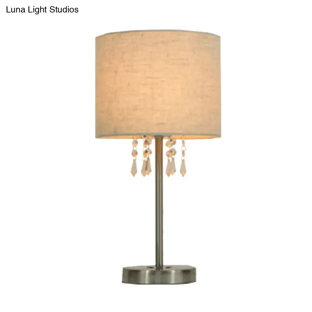 Modern Chrome Desk Light with Crystal Teardrop - Fabric Drum, 1 Bulb - Nightstand Lamp
