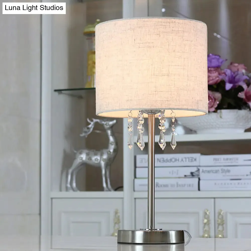 Modern Chrome Desk Light with Crystal Teardrop - Fabric Drum, 1 Bulb - Nightstand Lamp