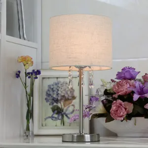 Modern Chrome Desk Light with Crystal Teardrop - Fabric Drum, 1 Bulb - Nightstand Lamp