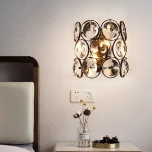 Modern Circles Wall Mount Light with Clear Crystal and Metal Detailing - Black Finish, 2-Bulb Bedroom Wall Sconce