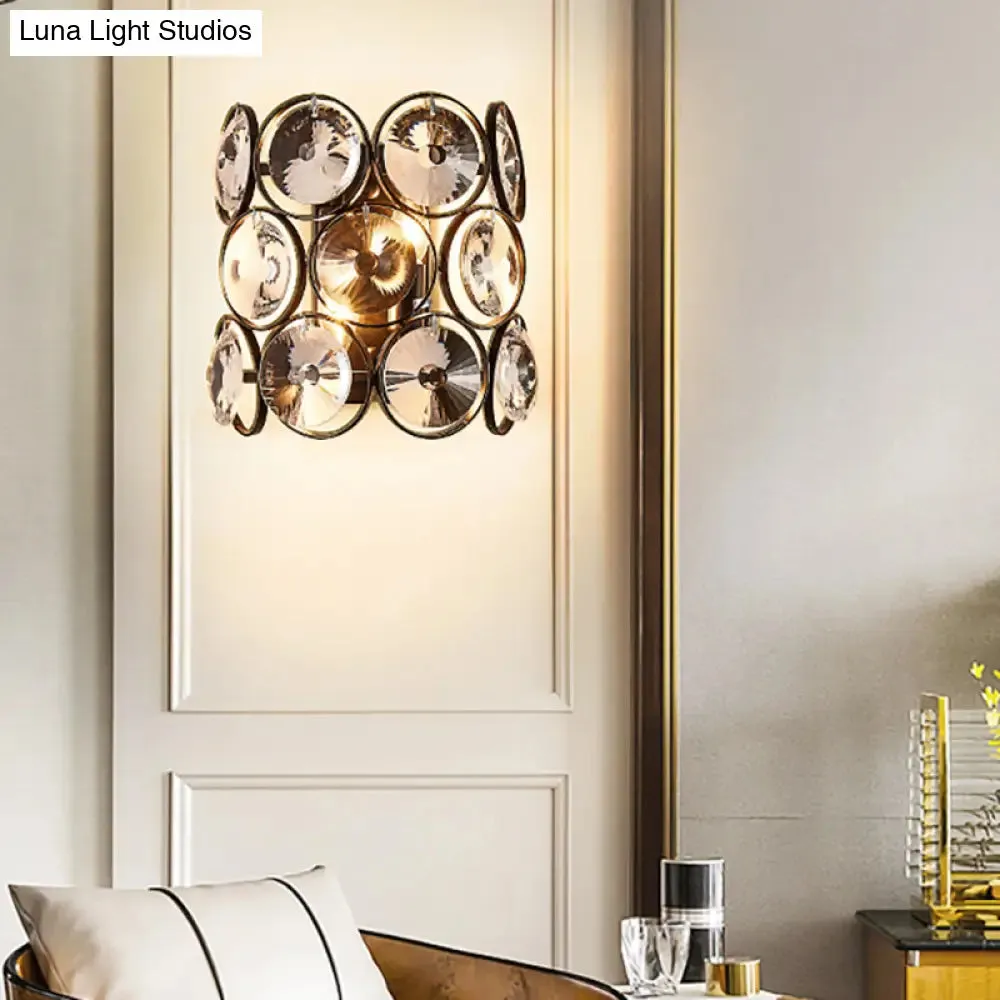 Modern Circles Wall Mount Light with Clear Crystal and Metal Detailing - Black Finish, 2-Bulb Bedroom Wall Sconce