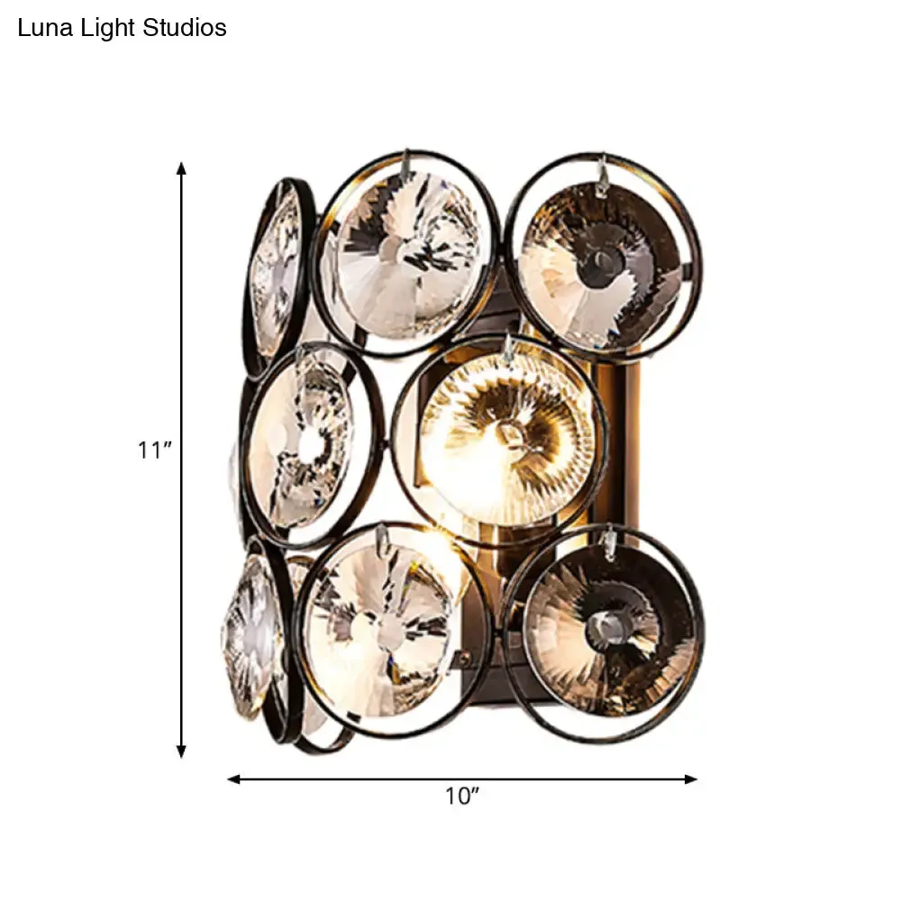 Modern Circles Wall Mount Light with Clear Crystal and Metal Detailing - Black Finish, 2-Bulb Bedroom Wall Sconce