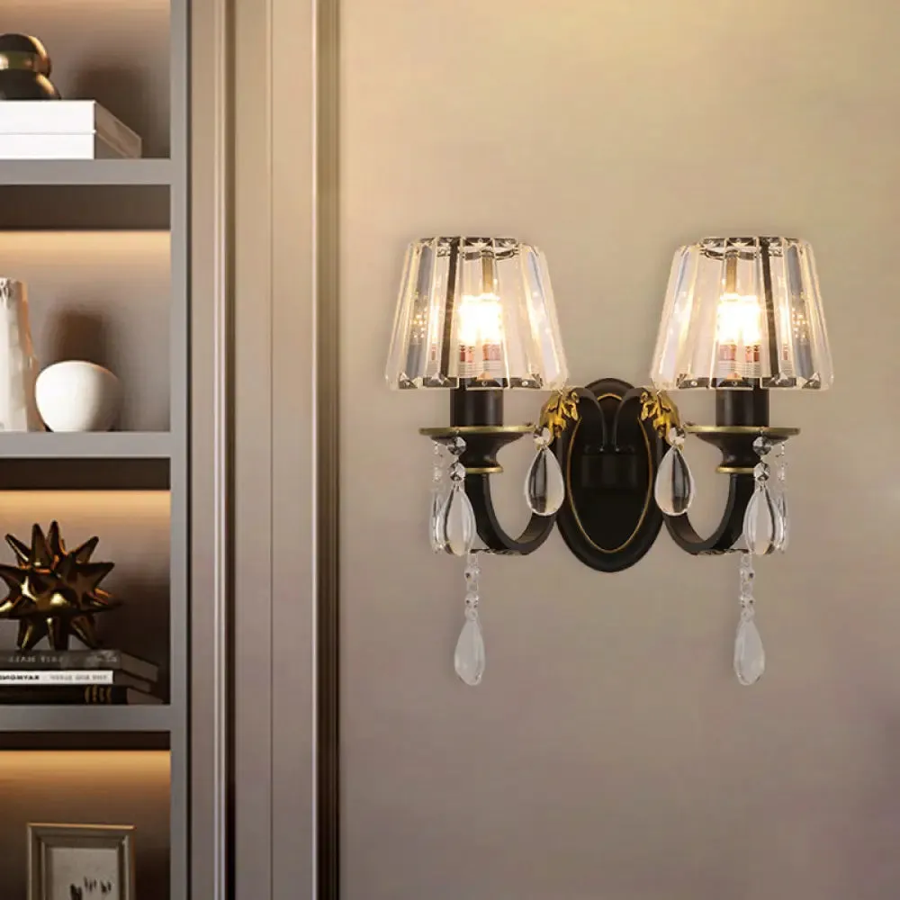 Modern Conical Crystal Wall Sconce with Black and Gold 2-Light for Living Room
