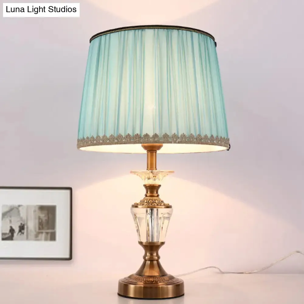 Modern Drum Shade Crystal Reading Light Nightstand Lamp in Blue/Beige