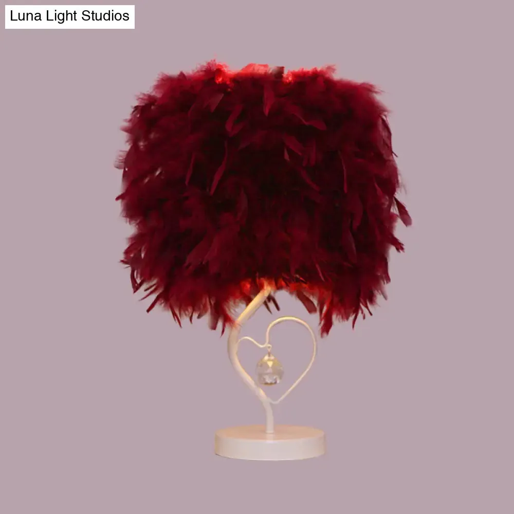 Modern Drum Table Lamp: Feather Light, White/Pink/Burgundy, Heart Frame, Crystal Orb