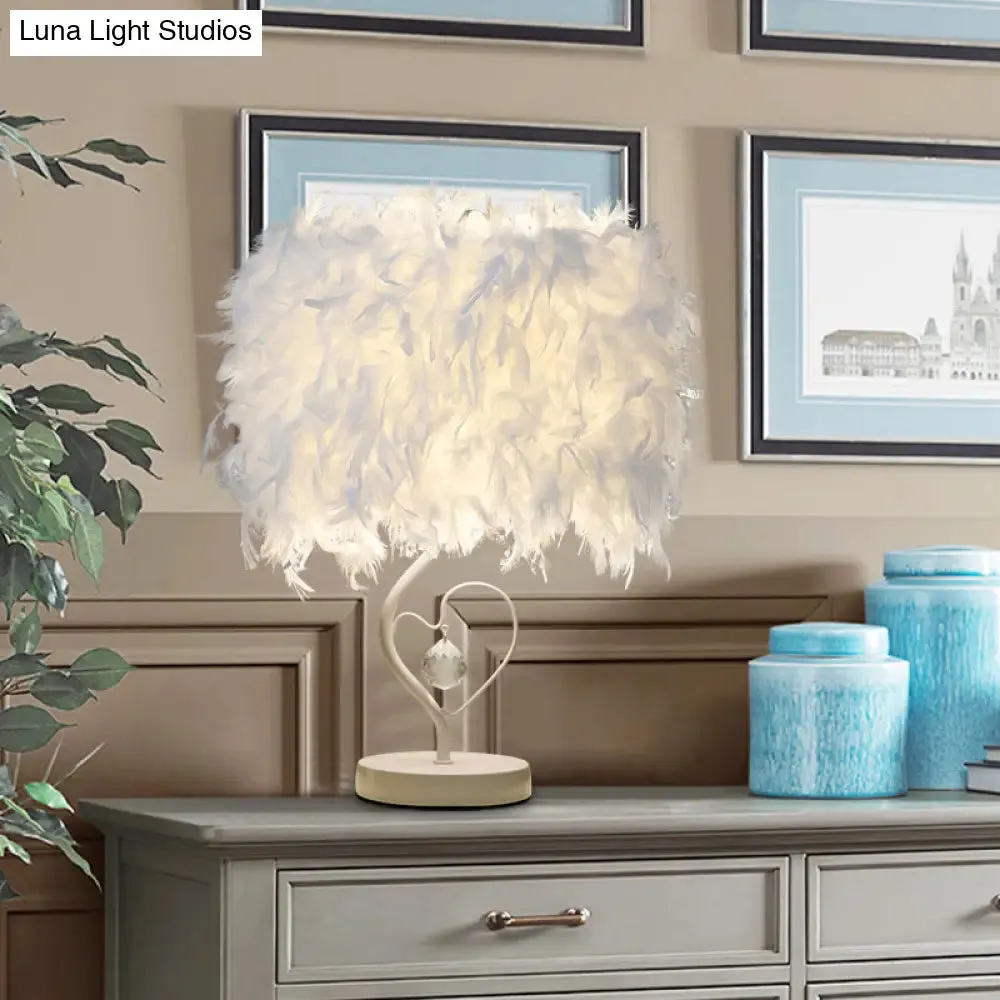 Modern Drum Table Lamp: Feather Light, White/Pink/Burgundy, Heart Frame, Crystal Orb