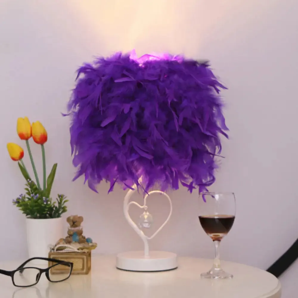 Modern Drum Table Lamp: Feather Light, White/Pink/Burgundy, Heart Frame, Crystal Orb